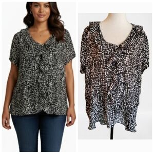 Women's plus size black and white short sleeve ruffle blouse plus size 1X